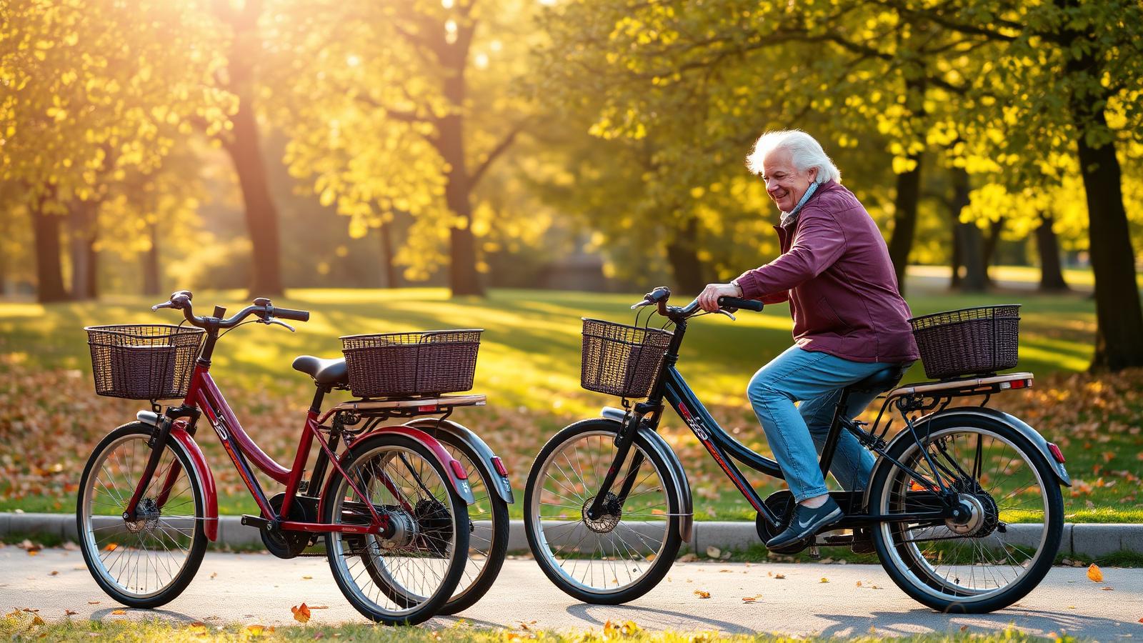 Two adults riding folding three-wheel bikes with rear cargo baskets on a park path